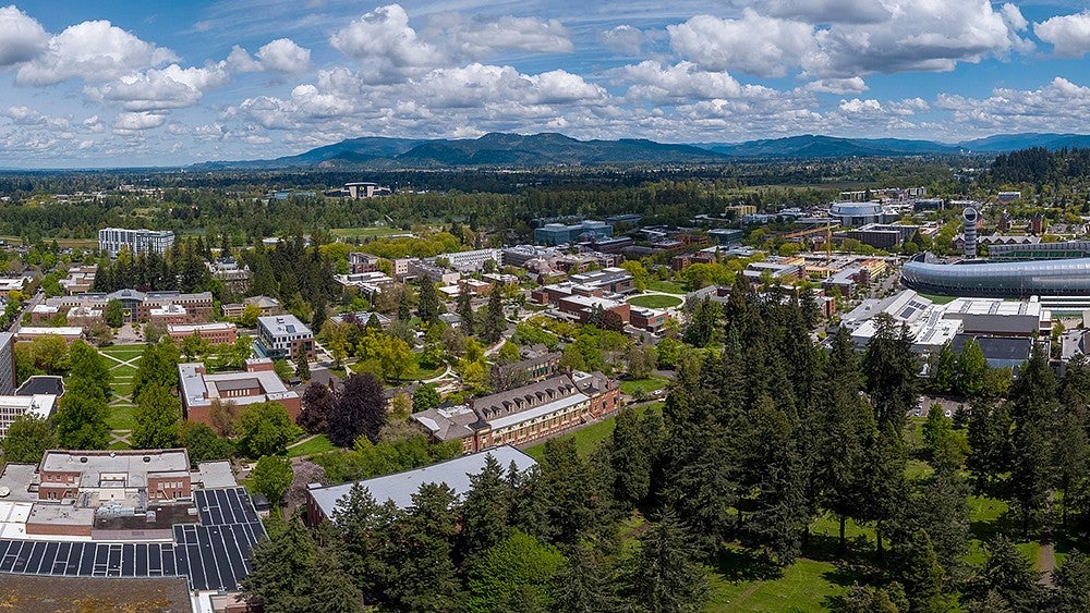 panorama aerial view of UO campus
