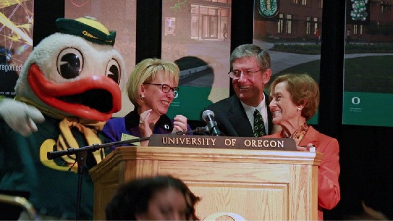 The Duck, Vice President Kimberly Espy, President Michael Gottfredson and Beverly Lewis celebrating the grand opening of the Lewis Integrative Science Building.