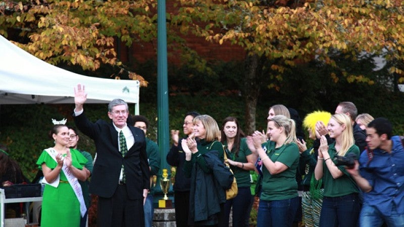 President Michael Gottfredson firing up the crowd at the Homecoming pep rally.