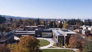 aerial photo of campus in the fall